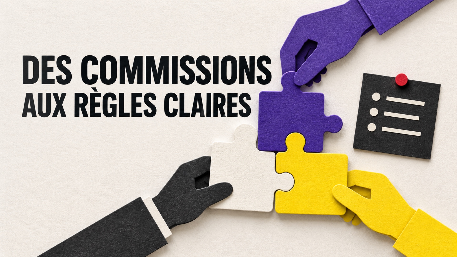 Fiche de règles de commissionnement et trois pièces de papier assemblées sous le titre Des commissions aux règles claires
