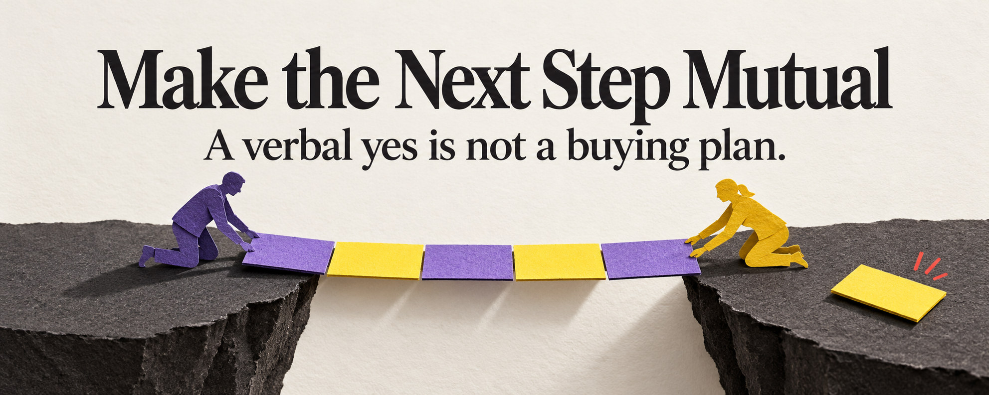 Two paper figures arranging milestone cards across a gap to represent a shared buying plan