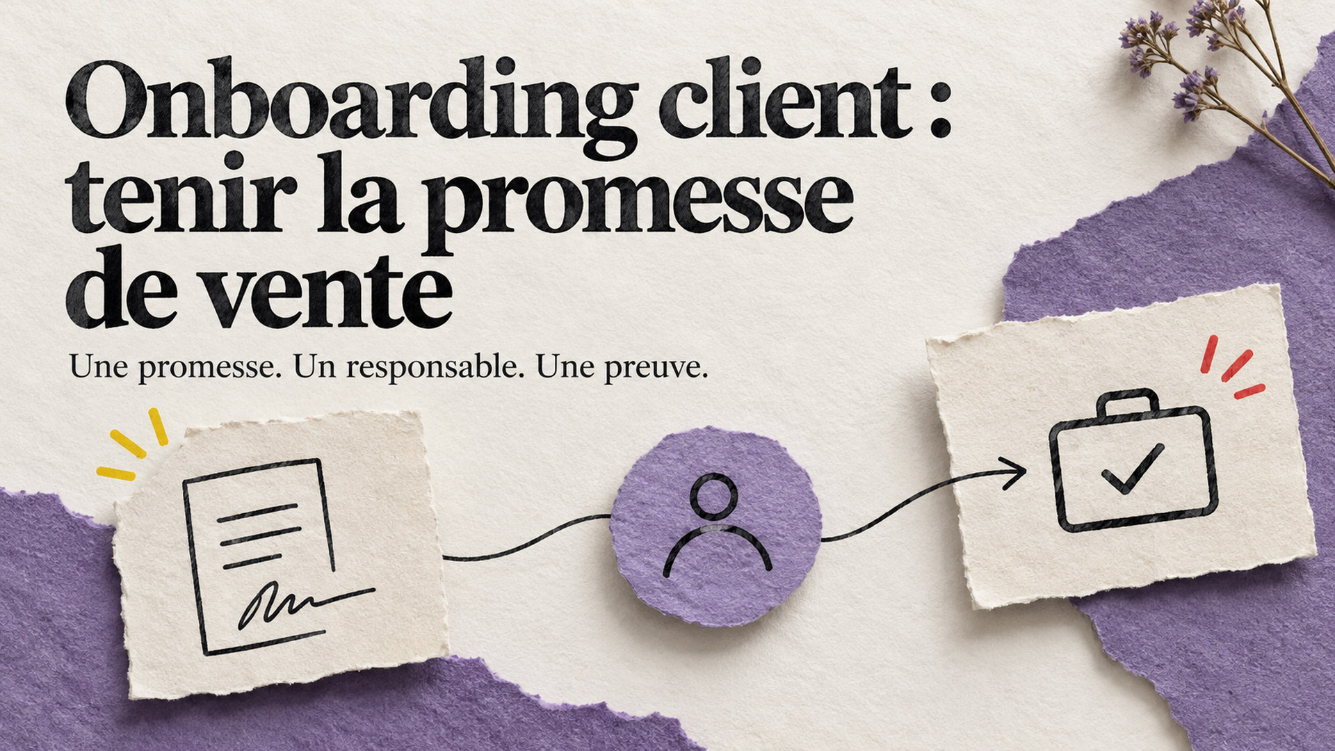 Parcours en papier reliant la promesse de vente, un responsable et une preuve de résultat client