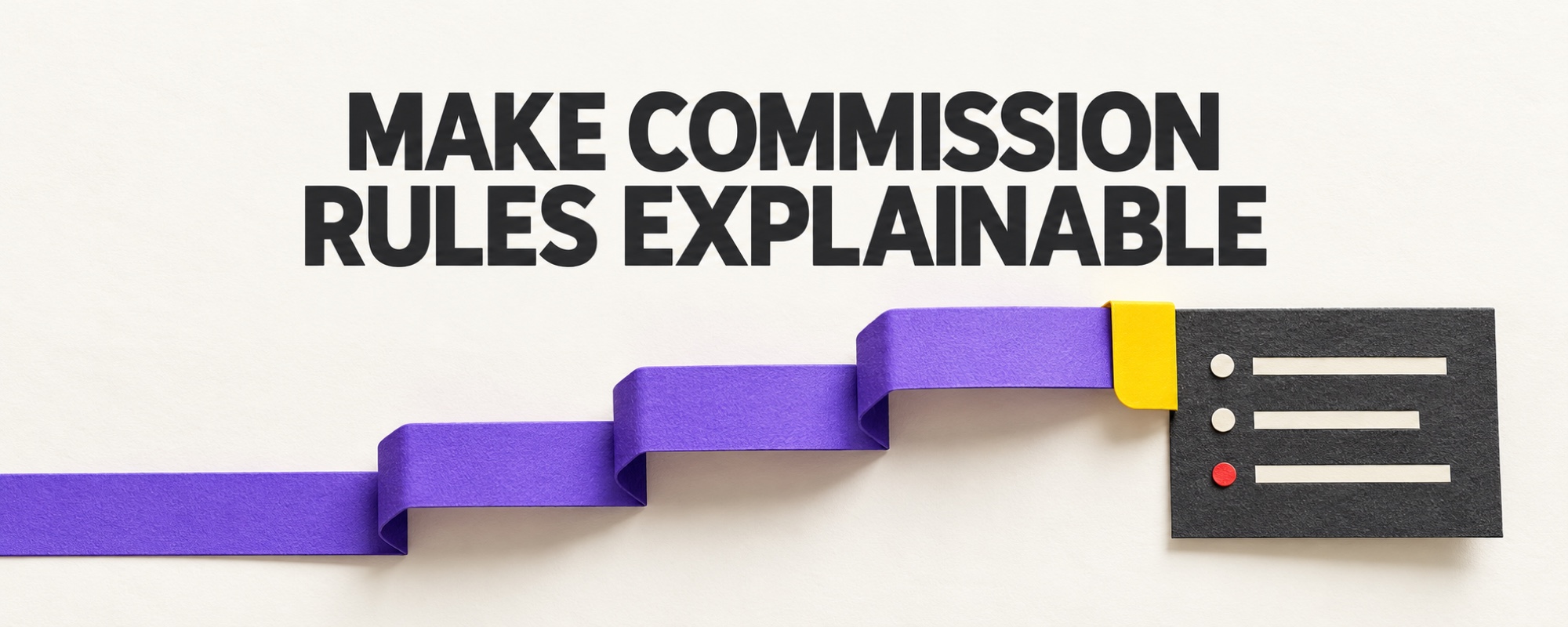 Paper commission rules and a stepped purple ribbon beneath the headline Make Commission Rules Explainable