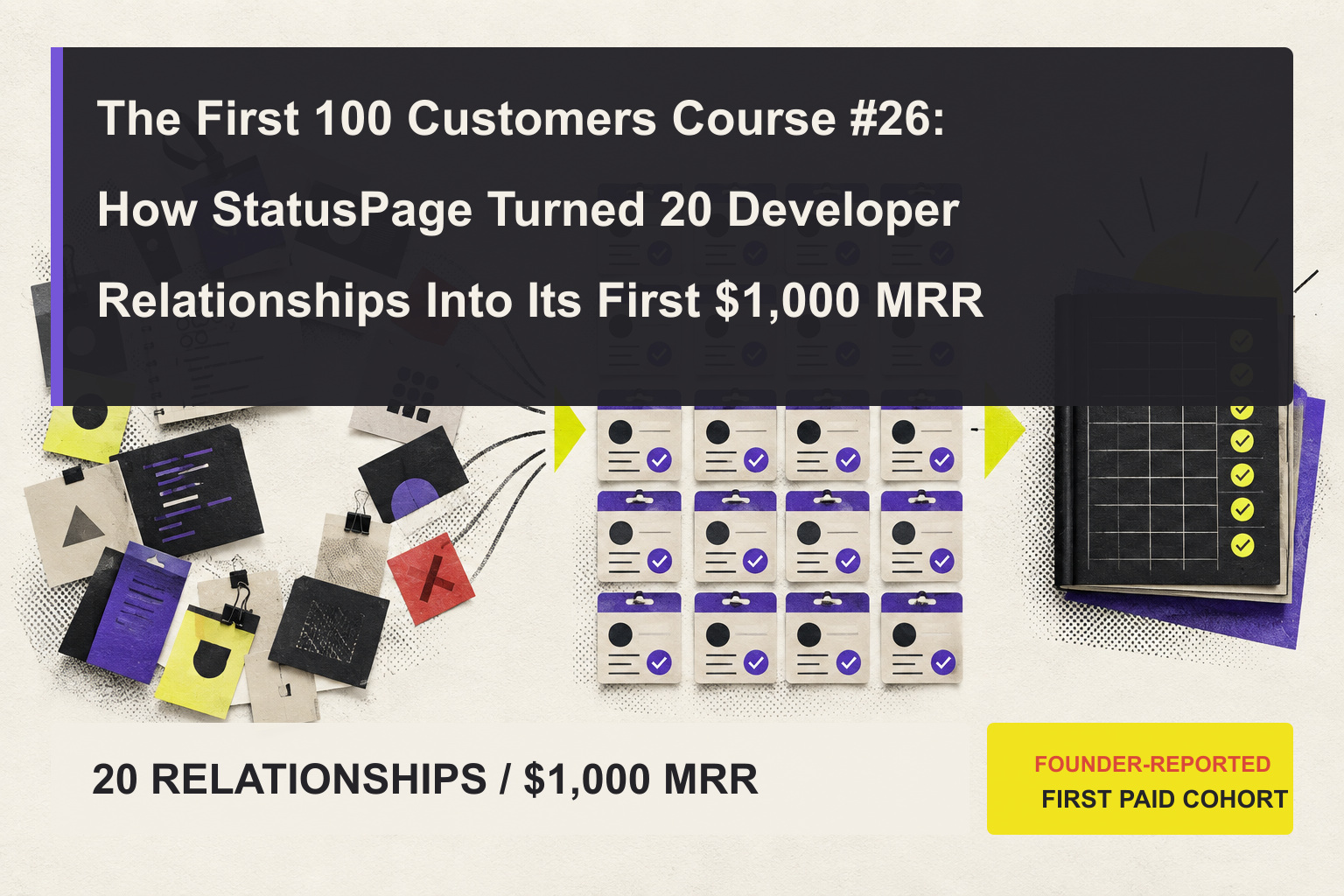 Editorial collage showing a ring of developer contact cards feeding twenty paid customer dossiers and one recurring-revenue ledger