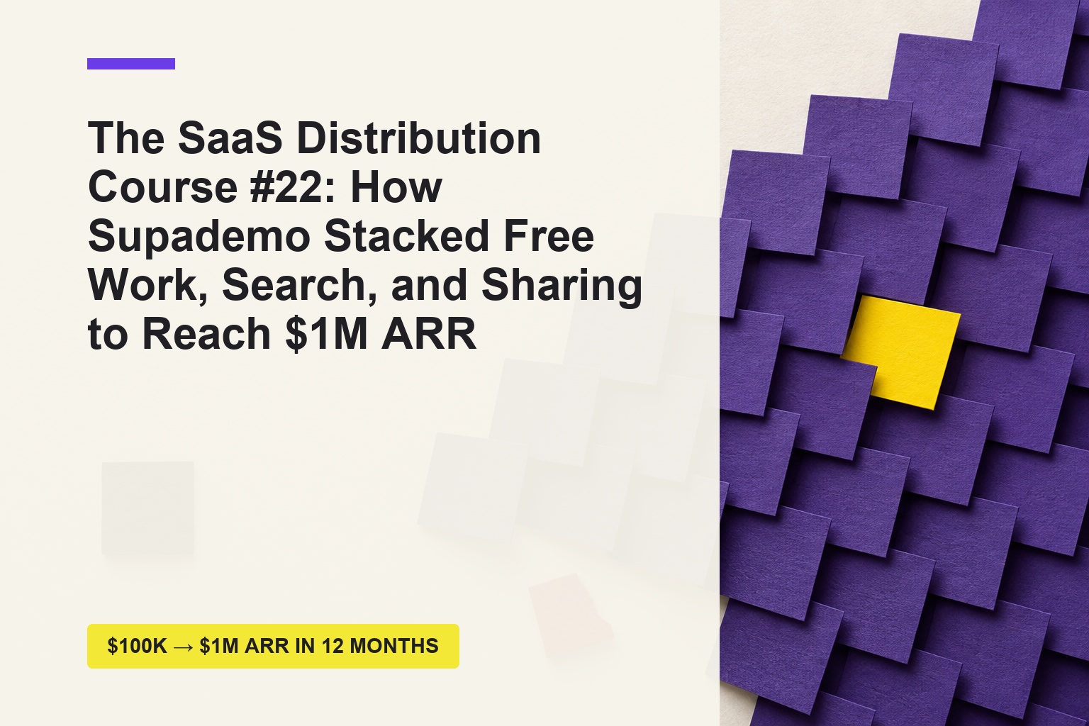 Typographic cover for The SaaS Distribution Course number 22 about Supademo stacking free work, search, and sharing to reach one million dollars in annual recurring revenue.