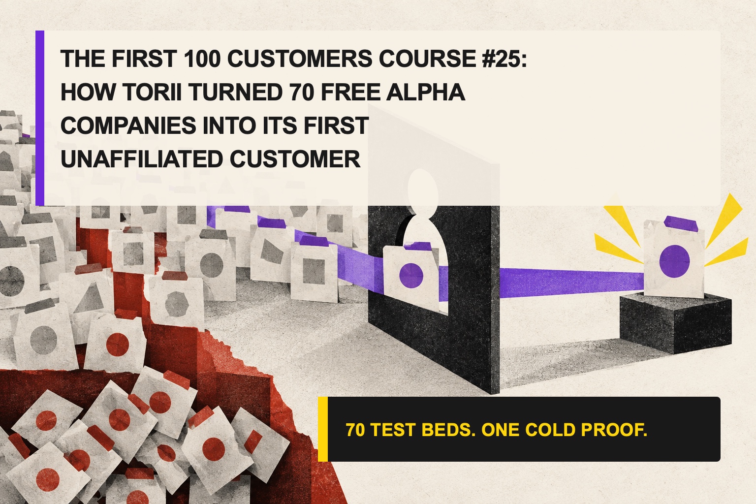 Typographic cover showing many free alpha test dossiers separated from a narrow enterprise buyer path and one cold customer